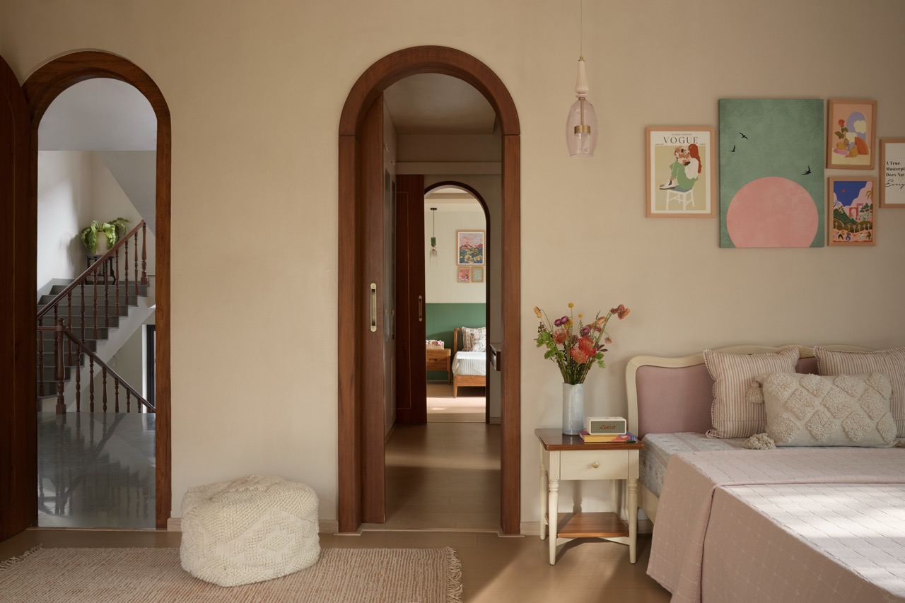 The daughter’s bedroom is a La La Land of pastel colours and whimsical shapes. A pendant light from Luminary Studio hangs above a bed and side table by Dastkari, while bespoke woodwork by Niche Build Solutions adds the finishing touch