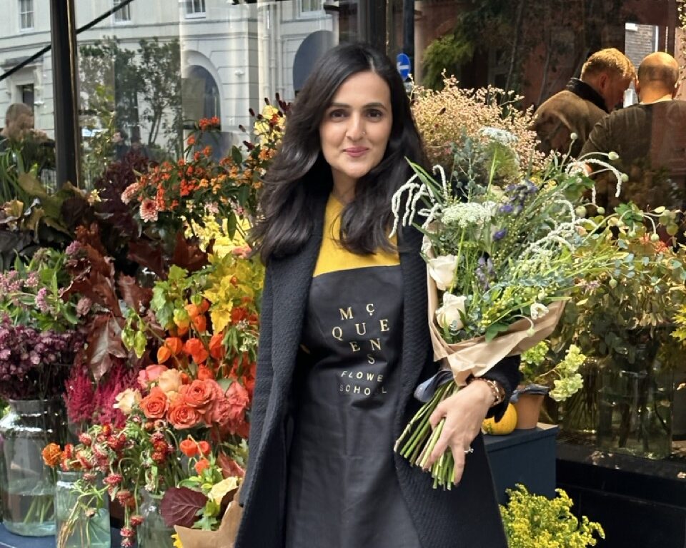 Lalima at the McQueens Flower School, London, where she trained to shape a style that feels both organic and contemporary