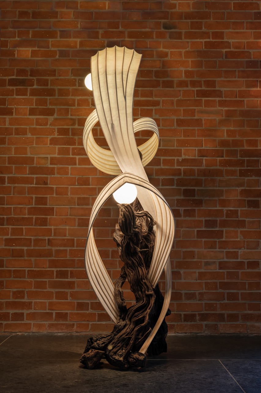 A piece that captures the spirit of Radhika’s work. She assembles raw, locally sourced elements like roots, branches, reed, cane, paper, and natural fibres into balanced compositions 