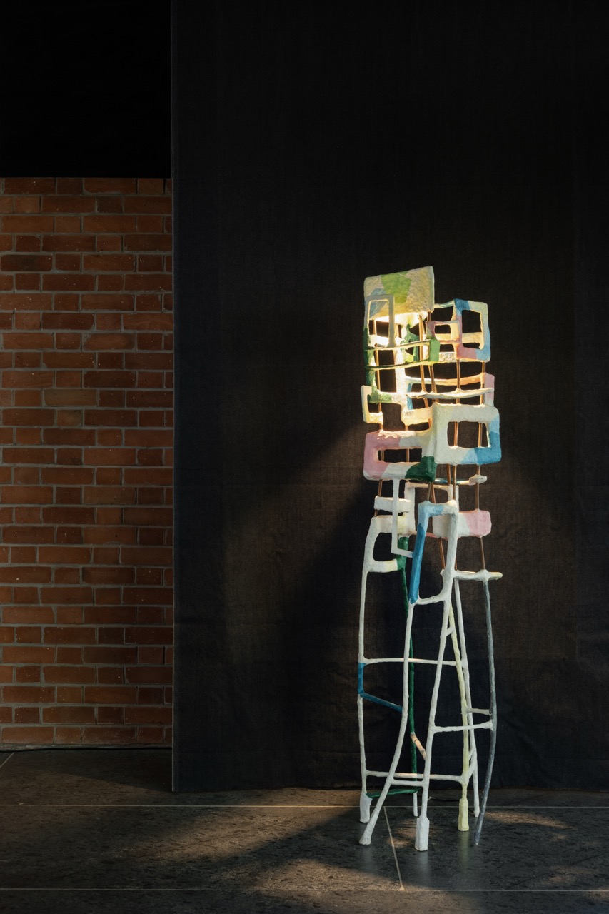 ‘Fault Lines’ was made using discarded paper and copper pipes to reflect the architectural symmetry of everyday spaces