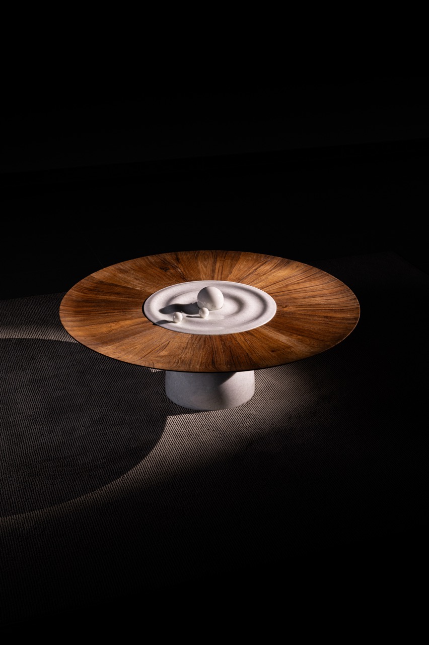 Ripple 2.0, a statement centerpiece in teak and indigenous marble