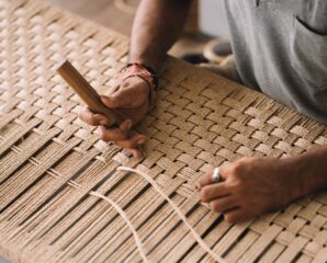 Hand-weaving in progress for a Danish cord partition by artisan Gajendra Singh